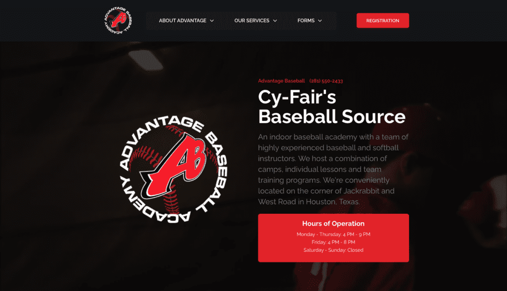 Screenshot of the Advantage Baseball Academy website homepage