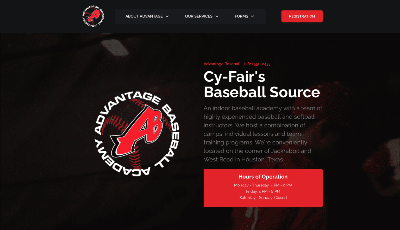 Screenshot of the Advantage Baseball Academy website homepage