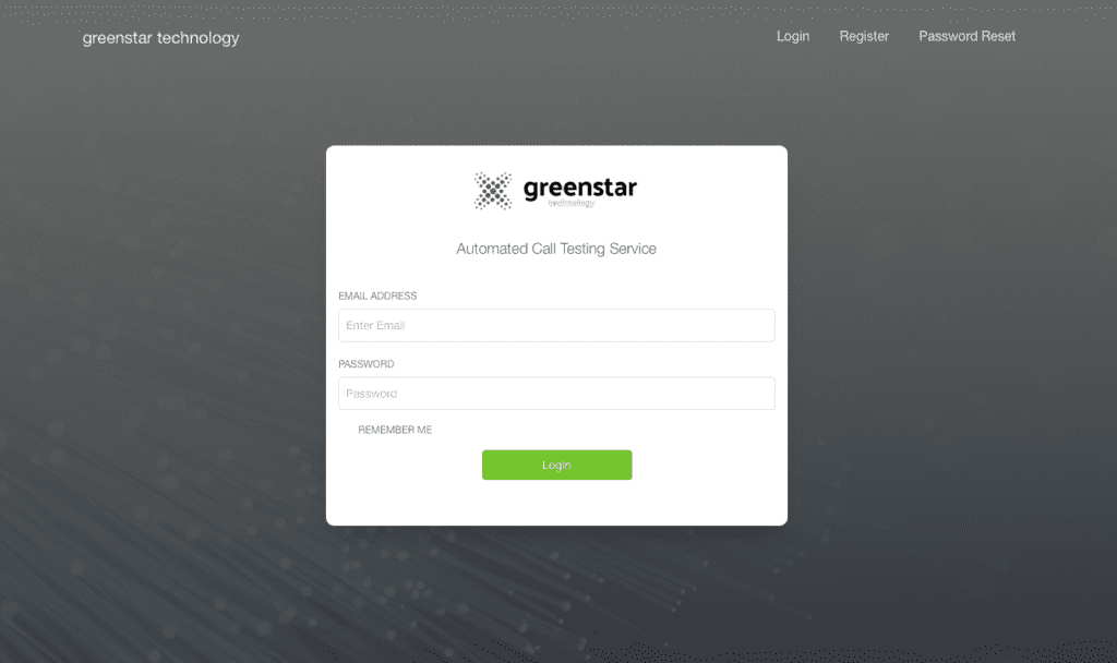 Login screen of the greenstar technology Automated Call Testing Service web application