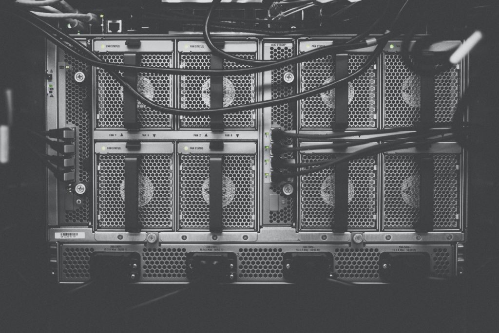 Data center server chassis with dense cabling, in black and white