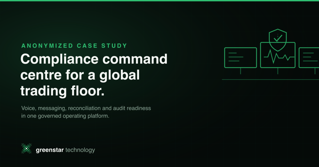 Line art of a three-screen trading control room console with a compliance shield, titled Compliance command centre for a global trading floor, on the greenstar technology dark brand background